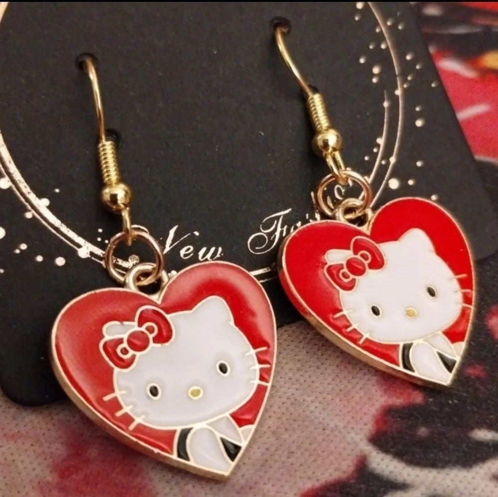 Handmade Valentine's Day Red Hello Kitty Heart Dangle Earrings